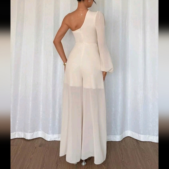 Women's Elegant Apricot Draped Shoulder Jumpsuit For Spring And Summer - Picture 2 of 4